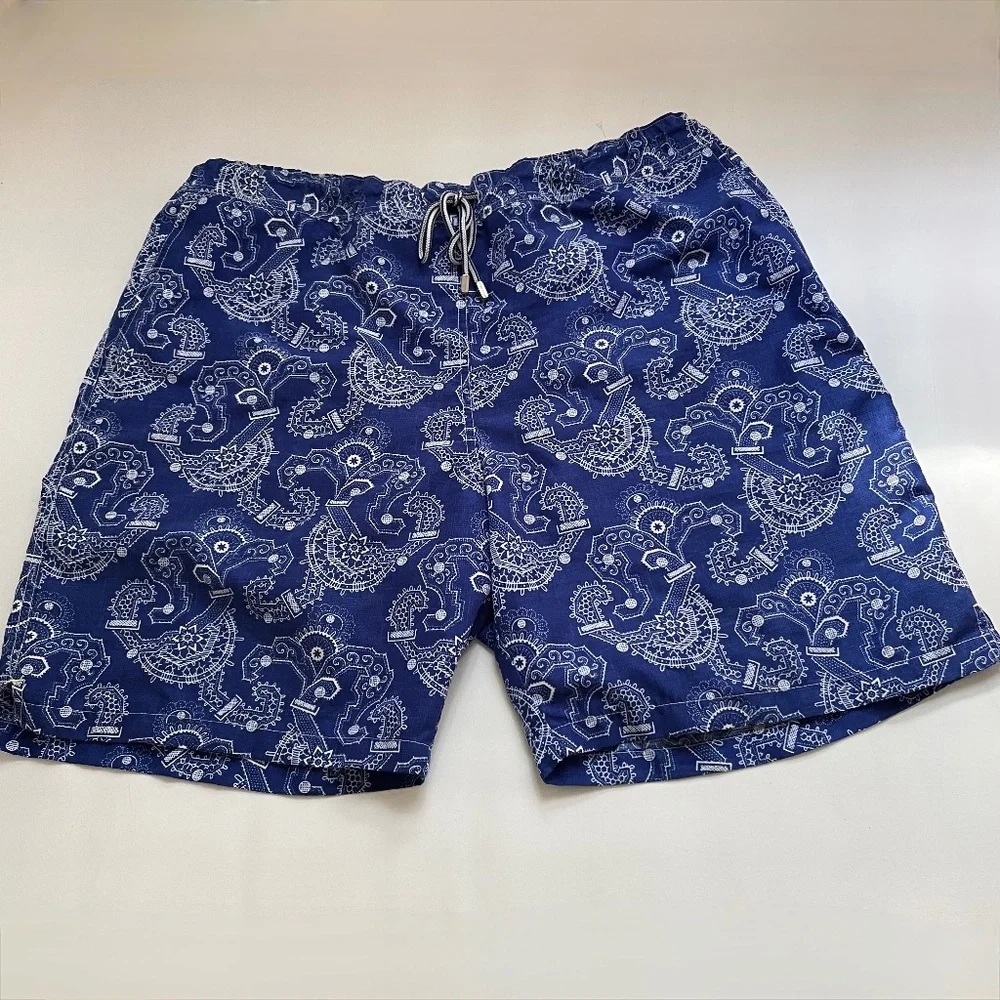 Peter Millar Mens Large Swim Trunks Blue Bandana Paisley Print Lined Board Short